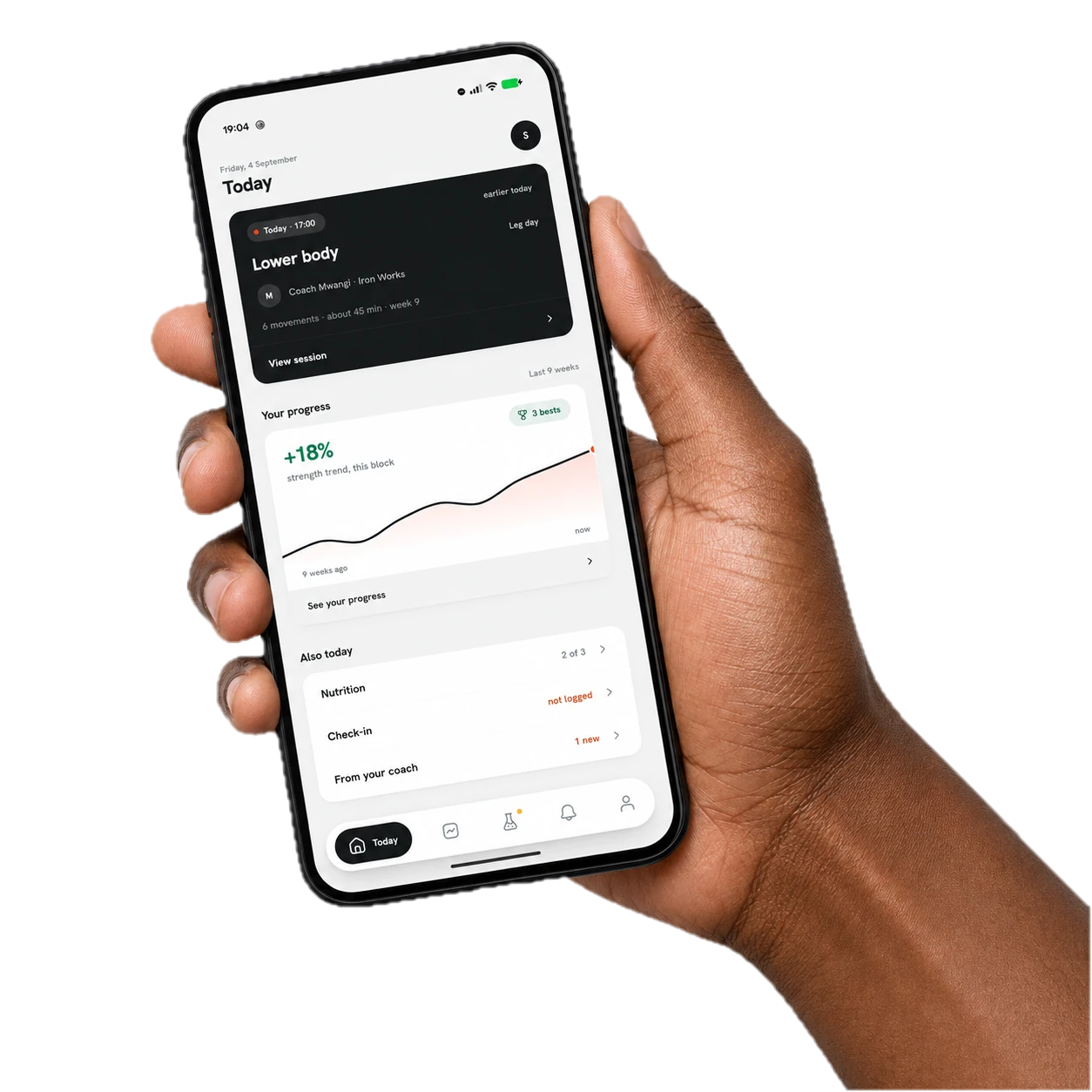 Hand holding a phone with the gobench training dashboard
